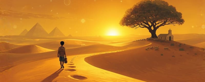 The Alchemist - boy in desert with church and pyramids