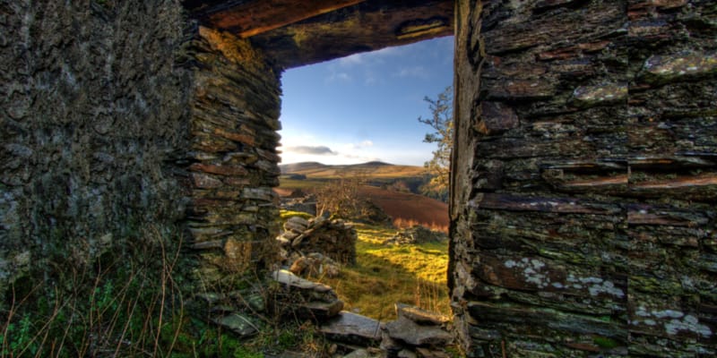 Confidnence and foundations, view through dilapidated house